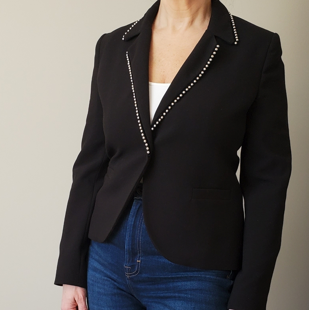 Elegant Black Blazer with Pearl Detailing